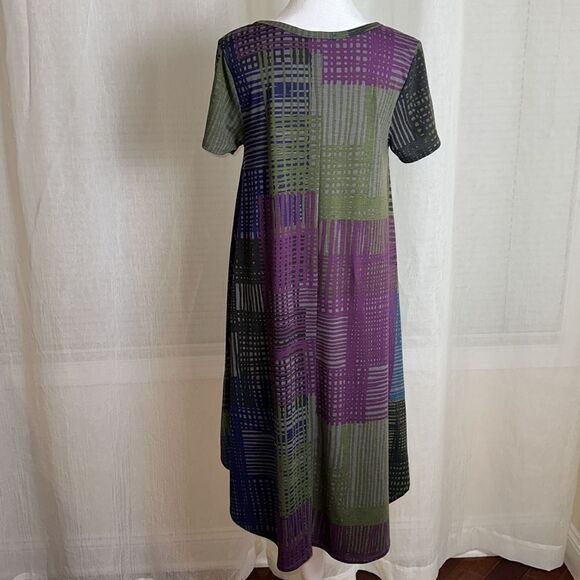 LuLaRoe XS Purple Green Gray Blue Crewneck Short Sleeve Hi Low Dress - Picture 2 of 12
